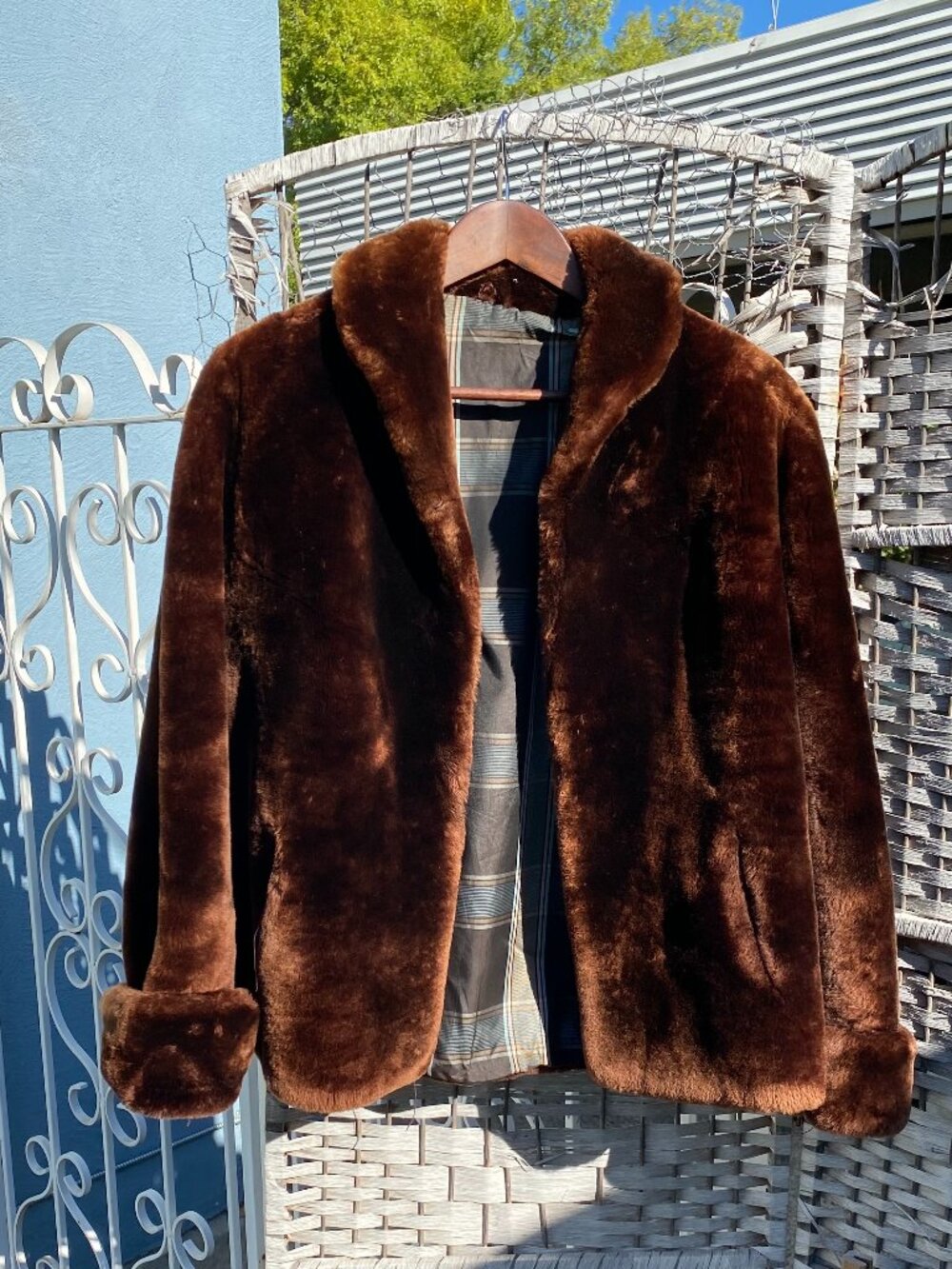 1950s Sears & Roebuck USA Fur Coat Brown Teddy Bear Plaid Lining Vintage